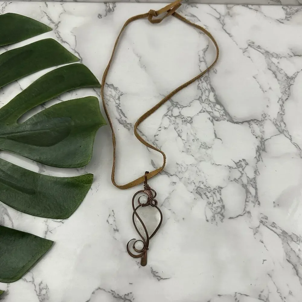 Hand Made Copper Pendant Necklace Quartz Stone Leather Cord Boho